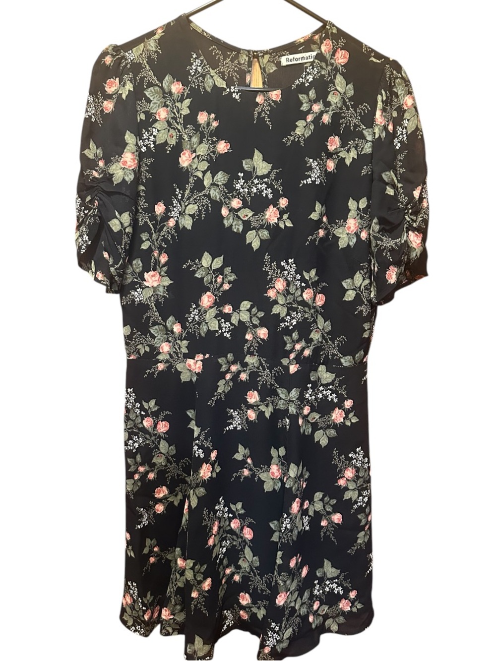 Reformation Black Floral Puff-Sleeve Tea Dress